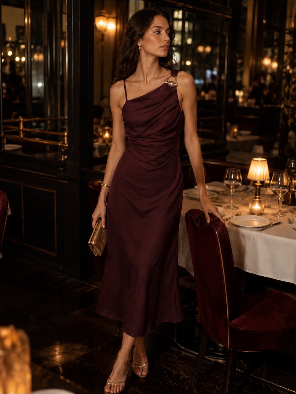 ZARA Eggplant Burgundy 100% Linen Asymmetrical Midi Dress Gold Detail Size M NWT